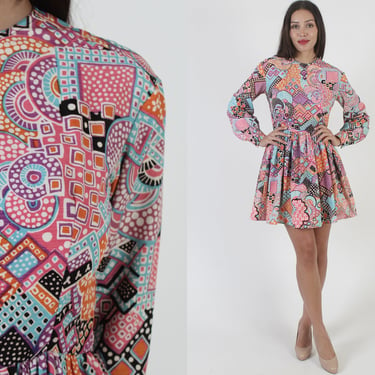 Vintage 60s Psychedelic Dress / 1960s Bright Marigold Neon Print Material / Op Art Twiggy Summer Scooter Mini Dress 