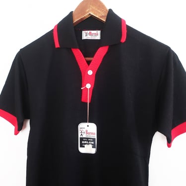 50s polo shirt / deadstock vintage / 1950s black orlon red ringer two button open collar polo shirt Small 