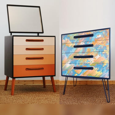 Custom Design Mid Century Chest of 4 Drawers with Optional Mirror - Standing Dressing Table - Glitch Art - Orange - Pink - Black - G Plan 