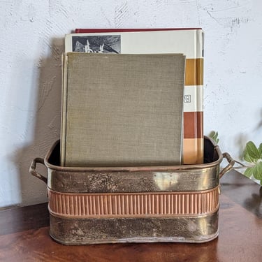 Vintage Rectangle Brass and Copper Planter Bucket with Handles 