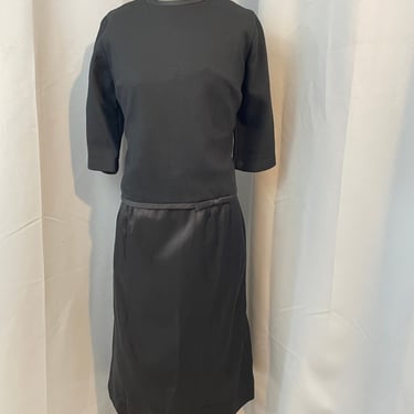 1950s Black Satin 2 piece dress back button Rockabilly Goth S 