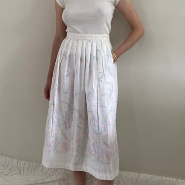 90s white skirt / vintage white cotton damask tablecloth pleated floral border print midi skirt | 26 waist 