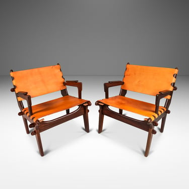 Set of Two (2) Mid-Century Modern Tooled Leather Sling / Safari Lounge Chairs by Angel Pazmino, Ecuador, c. 1960s 