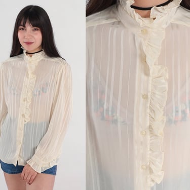 Vintage 70s Sheer Pink Ruffle Blouse, High Neck Ruffle