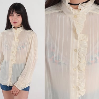 Cream Ruffle Blouse 80s Semi-Sheer Tuxedo Shirt High Neck Top Ruffled Button Up Victorian Secretary Blouse Long sleeve Vintage 1980s Medium 