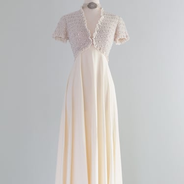 Vintage 1960's Regency Inspired Ivory Beaded Wedding Gown Evening Dress / Waist 26