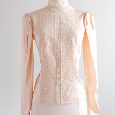 Romantic 1970's Blushing Silk Satin & Ivory Lace Top / Sz M