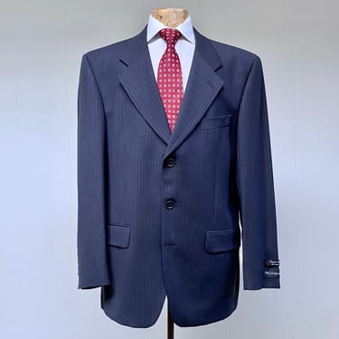Vintage Yves Saint Laurent 3 Button Suit Jacket, Navy Blue Pinstriped Wool Sport Coat, Designer Blazer, 42 Regular, New with Store Tags, VFG 