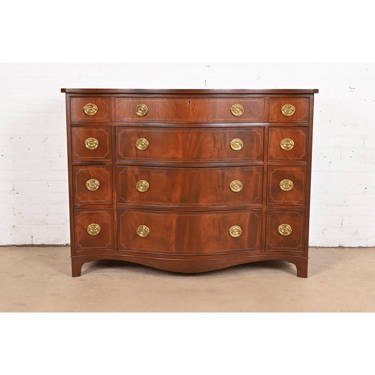 Baker Furniture Historic Charleston Georgian Inlaid Flame Mahogany Serpentine Front Dresser Chest, Newly Refinished