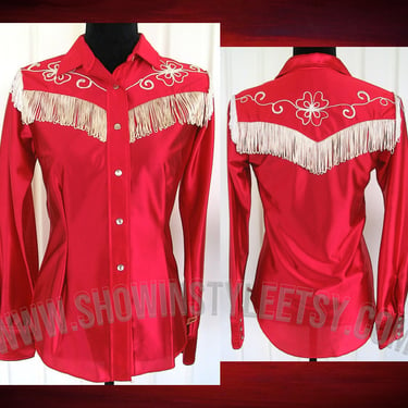 H Bar C, California Ranchwear Vintage Western Cowgirl Shirt, True Red, Floral Embroidery Designs, Fringe, Size 32, XSmall (see meas. photo) 