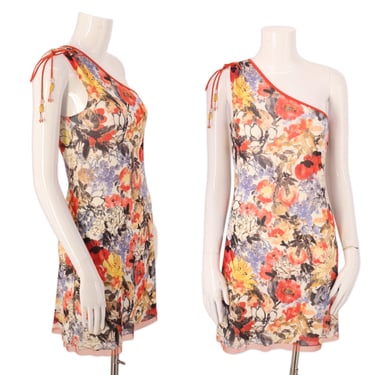 90s VIVIENNE TAM mesh floral print mini dress S /  vintage 1990s body con stretch one shoulder with beads 