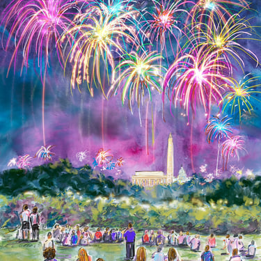 Gicleé Print of Fireworks with Friends over the Washington, D.C. Skyline by Cris Clapp Logan 