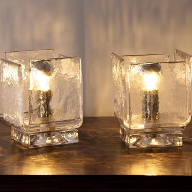 Pair of Murano glass table lamps in clear, original Made in Italy lamp vintage Italian Mid Century Modern Style 