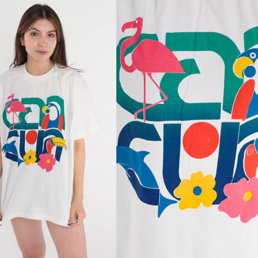 Cancun T-Shirt 90s Mexico Shirt Dolphin Flamingo Toucan Flower Graphic Tee Tropical Bird TShirt Single Stitch Vintage 1990s Extra Large xl 