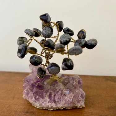 Mini Vintage Amethyst Tree, Gem Tree, Purple,  Miniature Size, Amethyst Crystal Rock With Black and Gray Stones, Magical Qualities 