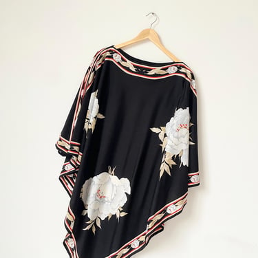 1970s Black Rose Border Print Jersey Knit Poncho 