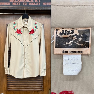 Vintage 1970’s Glam Rock “Jizz” Rare Label Western Cowboy Poly Rockabilly Shirt, 70’s Vintage Clothing 