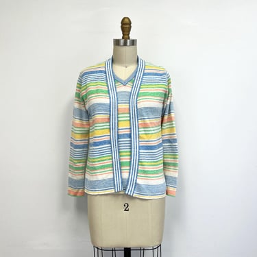 Vintage 70s Twinset | V Neck Sleeveless  Top with Matching Cardigan | Striped Knit | size Small 