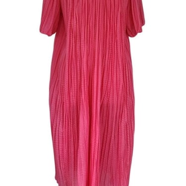 Vintage 70s Pink Caftan Dress Gauzy Crinkled Pleating & Crochet  / Chandni 