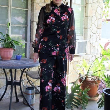 Vintage 70s Pant Set, Large Women, Tunic Pantsuit, Black Multicolor Floral Print 
