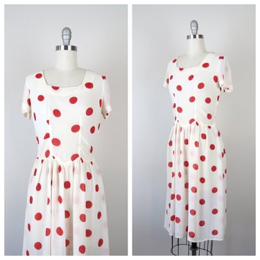 Vintage 1940s dress xs sheer rayon polka dot red and white wwii era 