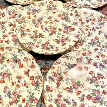 8 Vintage Dorset Cherry Chintz Erphila Germany Plate Set~ dessert plates~Floral Chintz Dessert or Tea Plates~ 7” gold rims, scalloped plates 