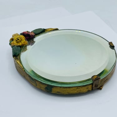 Antique Round Barbola Beveled Table Mirror with Roses-6" X 5"  circa 1930's 