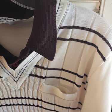 Vintage 70s Knit V Neck Layered Look Polo Stripes and Pocket  Da Vinci  L 