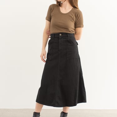 IMPERFECT Vintage 24 25 Waist Black Utility Skirt | Midi Army Ladies Overdye Cotton Sateen | XS 