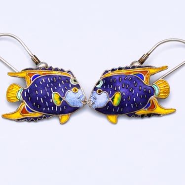 70's sterling enamel tropical fish dangles, colorful S925 silver queen angelfish boho earrings 