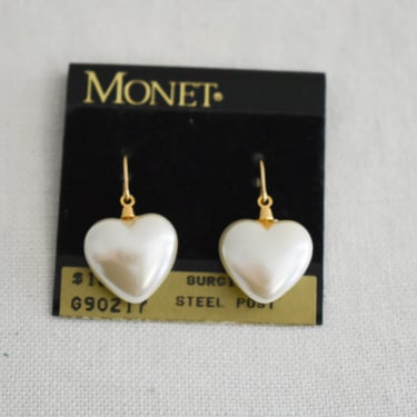 1990s NOS Monet Heart Faux Pearl Dangle Earrings 