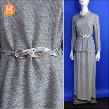 Lovely Vintage 70s Gray & Silver Metallic Knit Top and Maxi Skirt Set with Silver Belt by Fred Rothschild 