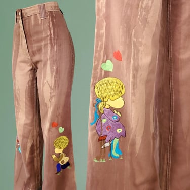 1960s embroidered jeans vintage streak-dyed brown high rise bell bottoms cute LOVE boy & girl Valentines marriage proposal mod novelty (29) 