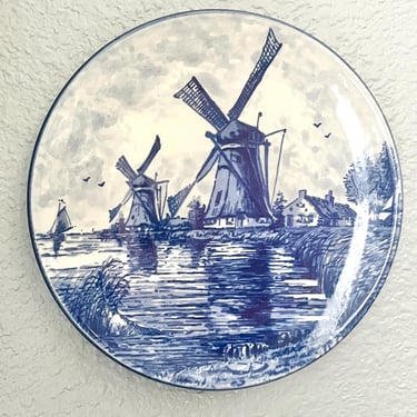 Delft Plate, Blue and White, Holland, Windmill Art, Vintage Wall Decor 