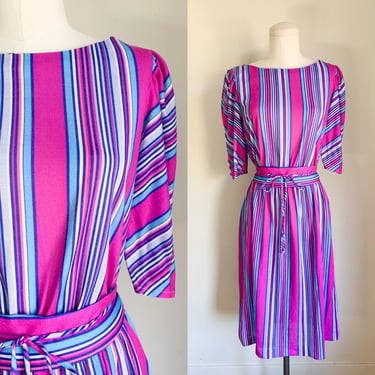 Vintage 1980s Purple and Blue Striped Jersey Dress / M 
