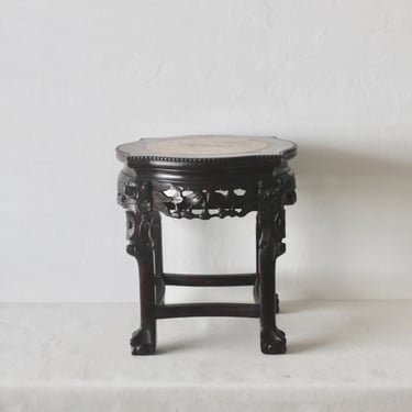 Early 20th Asian Carved Hardwood Marble Top Low Stand Side Table Plant Stand 