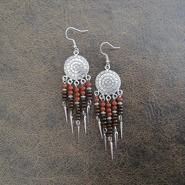 Chandelier earrings, tribal antique silver, boho chic earrings, ethnic earrings, southwestern earrings, long bohemian earrings earth tones 