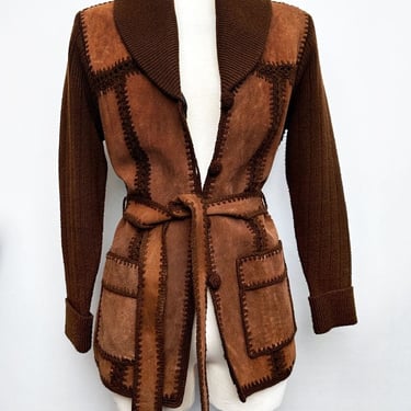 1970's Brown Suede Leather Knit Jacket & Belt Hippie Boho MINT COND Coat Sweater 