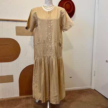 Vintage 90s Beige Tan Cotton Button Front Drop Waist Short Sleeve Midi Dress - L 