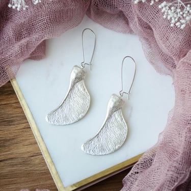 silver maple seed earrings, samara charm earrings, vintage earrings, bohemian nature cottagecore gift for her, statement earrings 