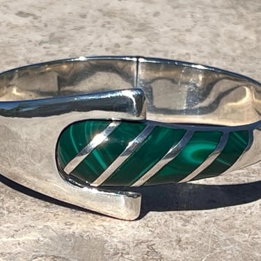 Vintage Mexico Sterling Silver Wide Hinged Bangle Bracelet with Green Malachite Stone - 7 Inch 
