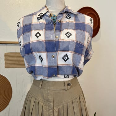 Vintage 90s Southwestern Blue Print Plaid Button Front Sleeveless Blouse Vest 