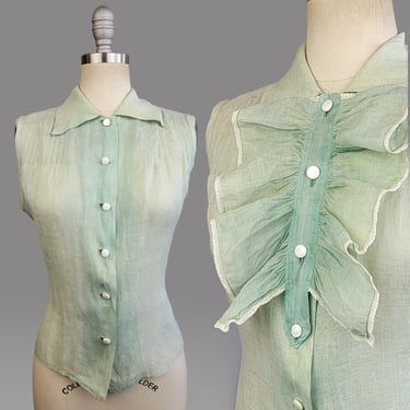 1940s Seafoam Top / 40s Seafoam Grean Sleeveless Blouse with Ruffle / Size Large 