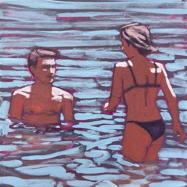 Woman and Man in Ocean #2 - Original Acrylic Painting on Canvas 10 x 10 - people, waves, bathing, fine art, gallery wall, small, michael van 