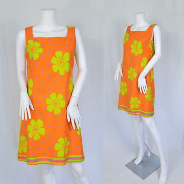 1960's Orange Lime Daisy Print Polka Dot Short Cotton Shift Dress I Sz Med I MOD 