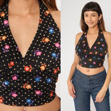 70s Floral Crop Top Black Halter Top 70s Boho Shirt Hippie V Neck Backless Blouse Bohemian Deep V Neck 1970s Summer Small Medium 