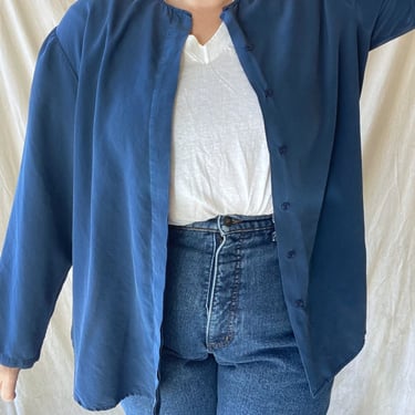 80s 90s Slate Blue Silk Minimalist Blouse Size XL 