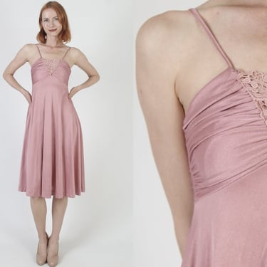 Mauve Disco Dancing Dress / Ruched Sexy Open Bodycon Outfit / Vintage Spaghetti Strap Halter Grecian Frock 