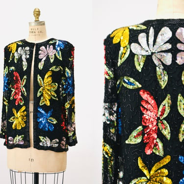 80s 90s Vintage Floral Sequin Jacket 80s 90s Garden Party Black Beaded Jacket Small Medium Black Flower Sequin Beaded Jacket 80s Glam Jacket 