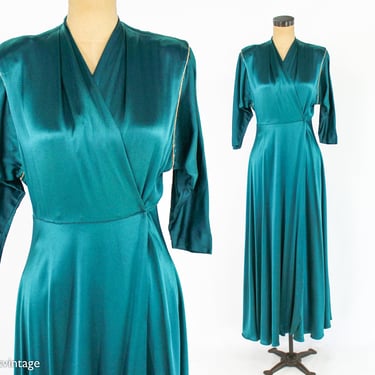 1940s Emerald Green Silk Robe | 40s Green Dressing Gown | Evelyn Pearson | Medium 